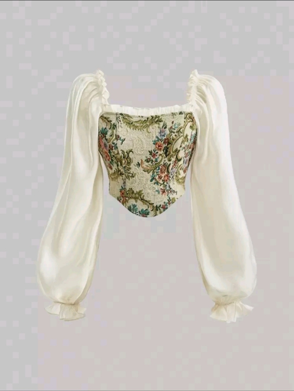 SHEIN Floral Tapestry Corset Top with Sheer Ivory Sleeves